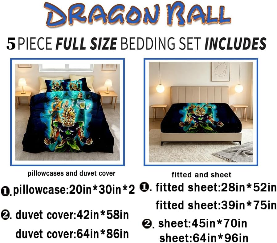 5-Piece Cute Dragon Ball Print Bedding Set, Soft Comfortable Bed Linen Without Comforter Insert