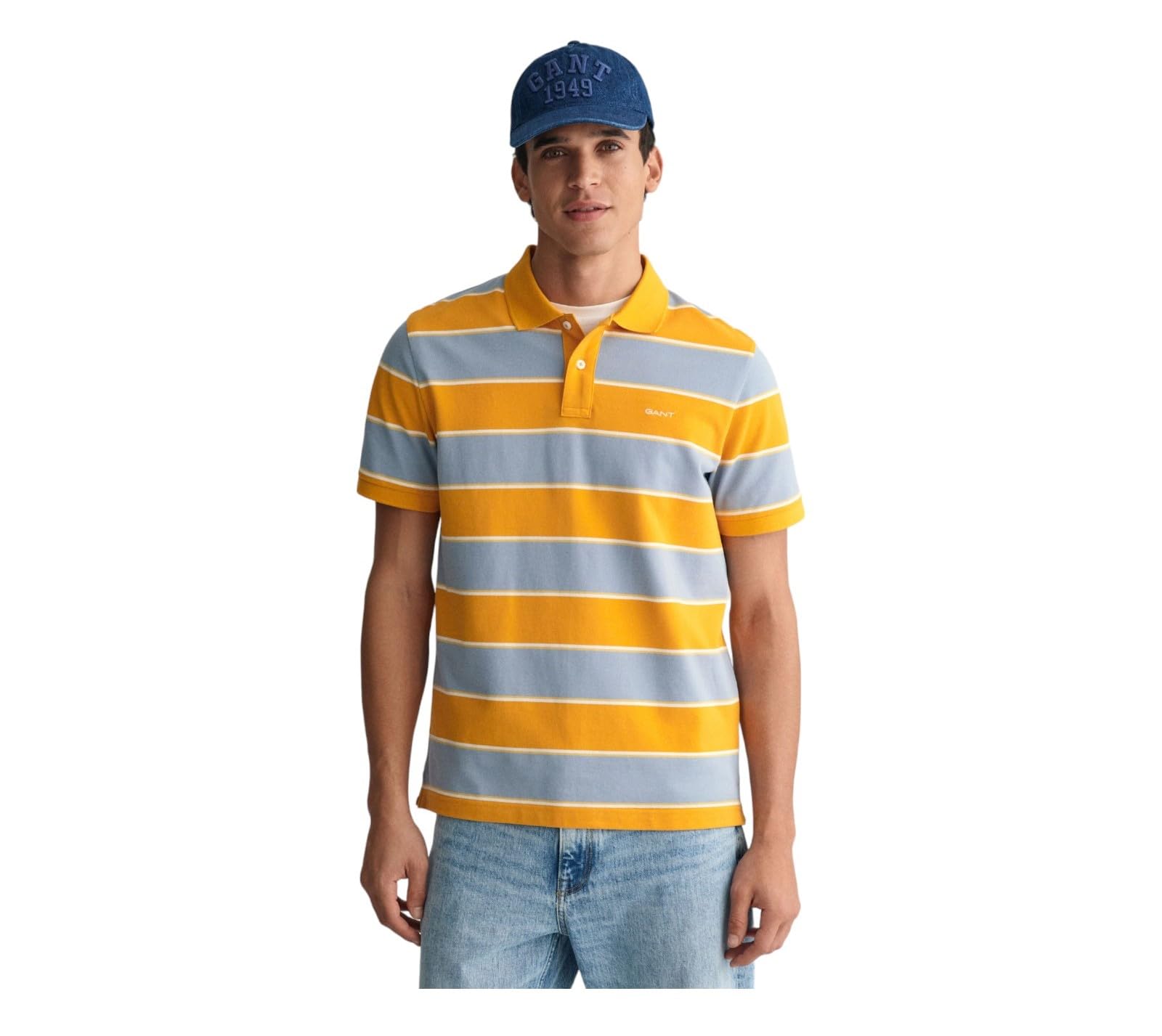 GANT Men's Stripe Pique SS Polo, Medal Yellow, S