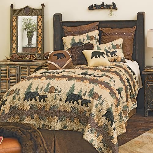 Black Forest Décor Rustic Queen Size Comforter Set – Cabin Theme Bedding with Bear and Wildlife Prints, Cozy and Warm Country Lodge Quilt
