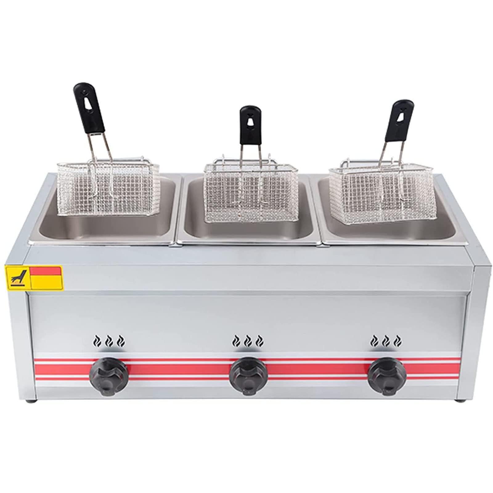 Friteuse à Gaz Commerciale Professionnelle, Friteuse Gpl En Acier Inoxydable, Puissance De Feu Réglable, Friteuse Grande Capacité, Avec Paniers Et Couvercle, Nettoyage Facile,Triplecylinder10l+10l+10l