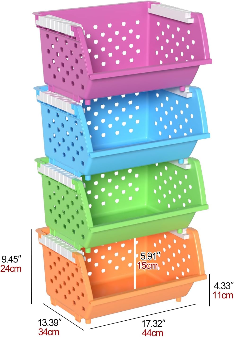 4 Pack Colorful Stackable Plastic Storage Basket, Open Front Storage Bins