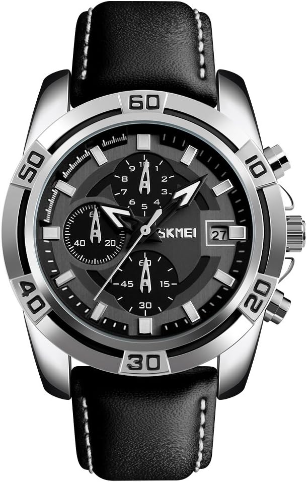Sports Mens Watches, Chronograph and Date Wristwatches for Men,30 Meters Waterproof Soft Black Leather Strap Military Watch (Black)