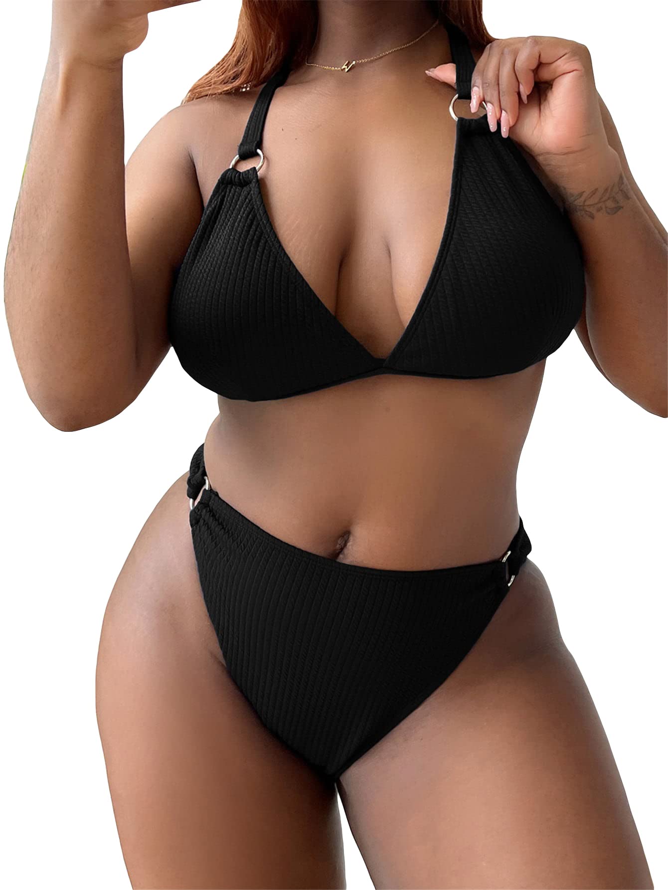 Floerns Women's Plus Size V Neck Triangle Bikini Set Ribbed 2 Piece Bathing Suit