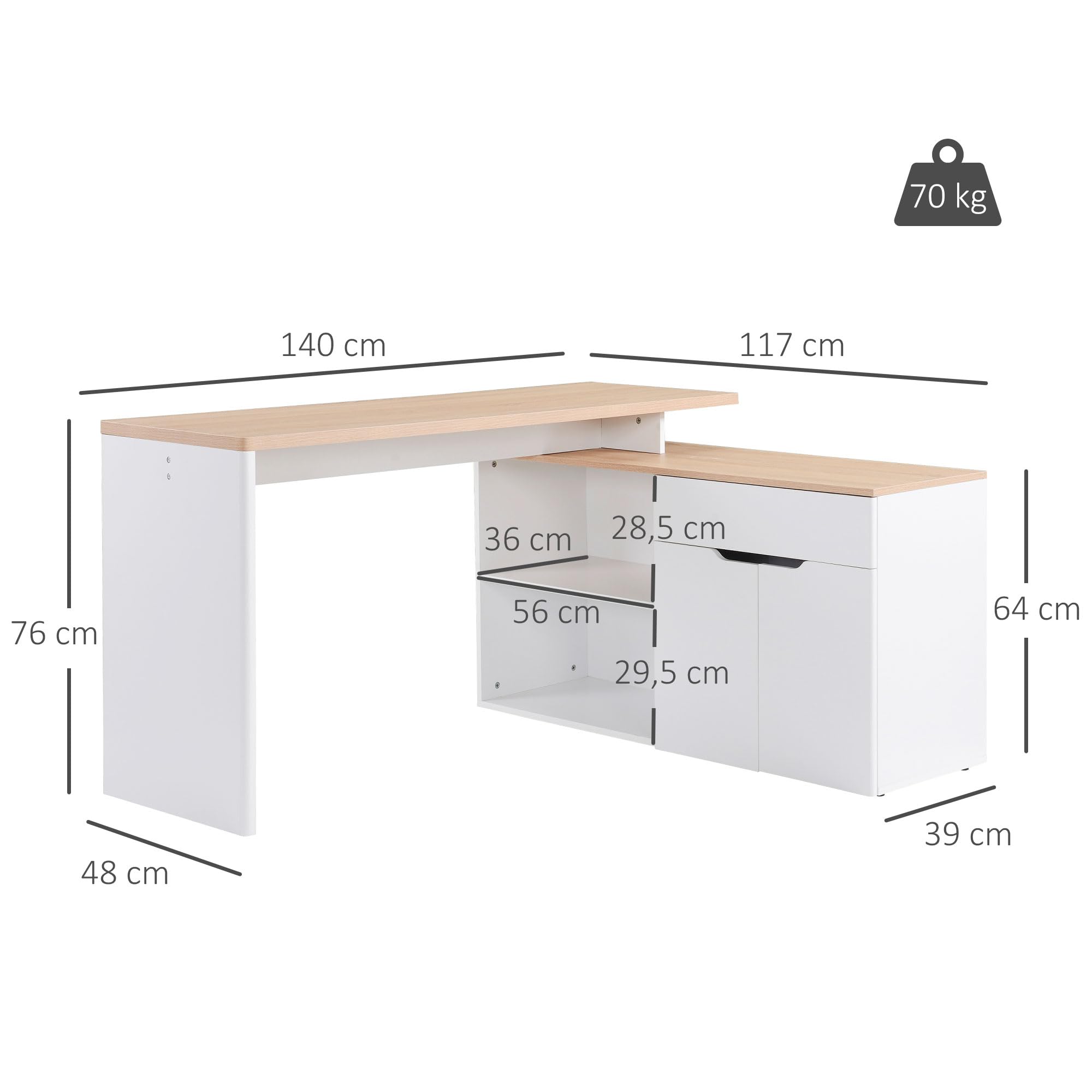 HOMCOM Bureau d'angle Modulable Multi-Rangements Placard Bois Clair Blanc