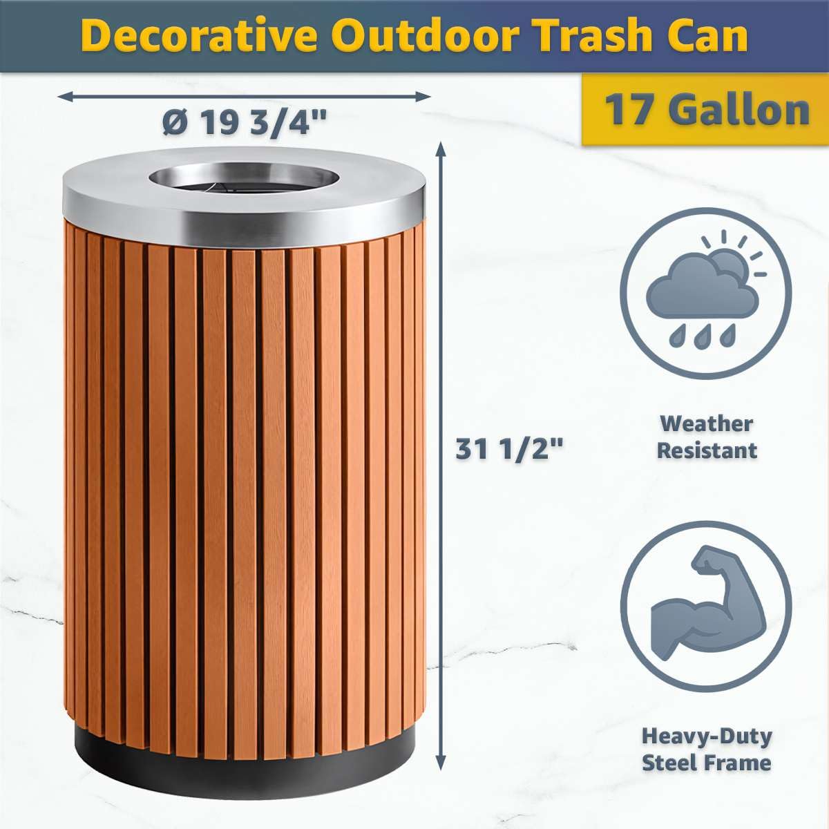 17 Gallon Round Outdoor Trash Can - Heavy Duty Steel & Wood Composite Commercial Decorative Garbage Bin with Open Lid, Durable Park, Retail & Transit Waste Container