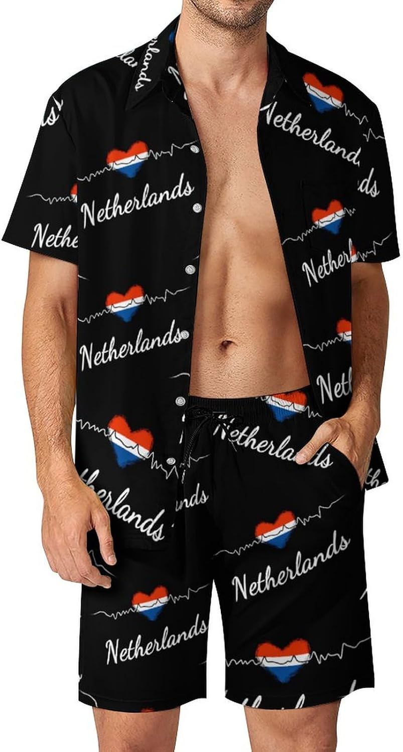 Netherlands Heart Heartbeat Summer Mens Vacation Outfits Beach Shirts Shorts Matching Set