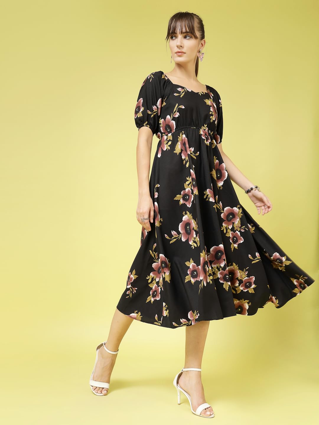 Oomph Flared Dress For Women Stylish | Long One Piece For Women | Puff Sleeve Long Dress | Floral Print Maxi One Piece | Western & Fusion Wear Jet Black