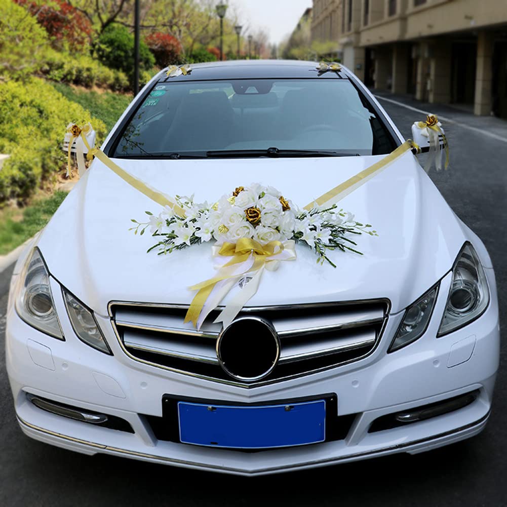 Hochzeitsauto Blumenschmuck, Asudarro Autoschmuck Hochzeit Schleife Künstliche Rose Verziertes Hochzeitsauto Dekorationsset DIY Hochzeitsauto Blumenplatte Bandschleifen Set,Gold