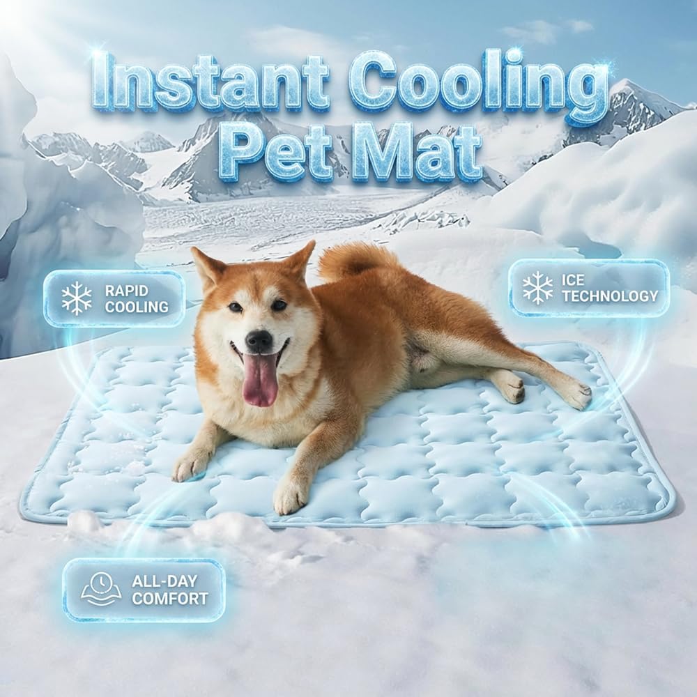 Self-Cooling Dog Cooling Mat, Ice Silk Cooling Pad for Dogs, Washable Breathable Pet Cooling Mat for Indoor & Outdoor, Non-Harmful Cool Sleeping Bed for Large Dogs Summer Heat Relief (Blue-L)
