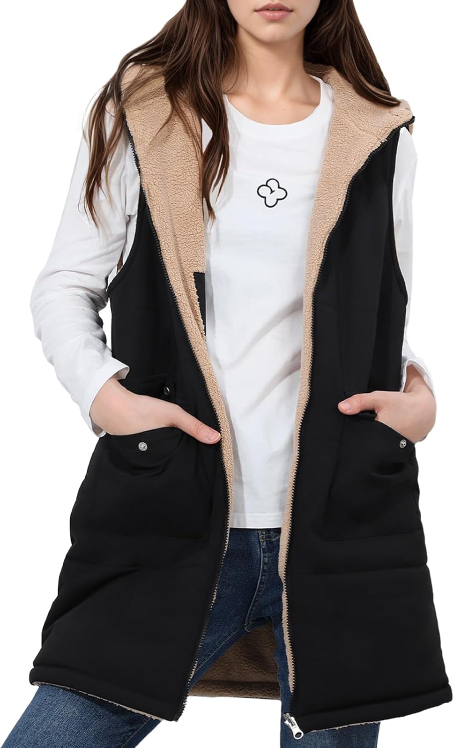 Fecialy Fall Long Vest for Women Sleeveless Reversible Fleece Sherpa Jacket Zip Up Warm Winter Coat Outerwear Vests