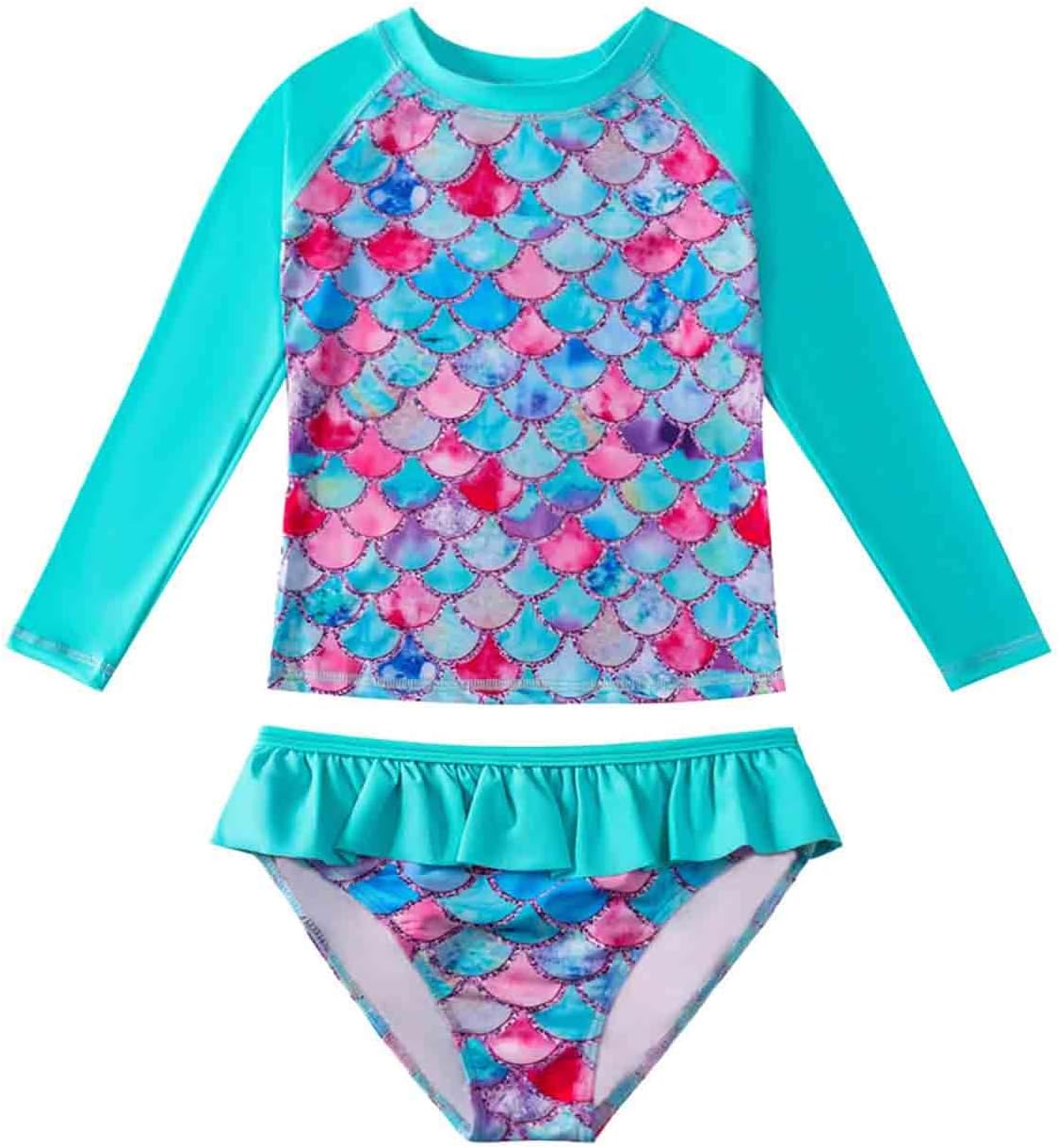 Little Girls Cute Printed Rash Guard Set Long Sleeve 2-Piece Sun Protection Swimsuit Bathing Suit Swimwears