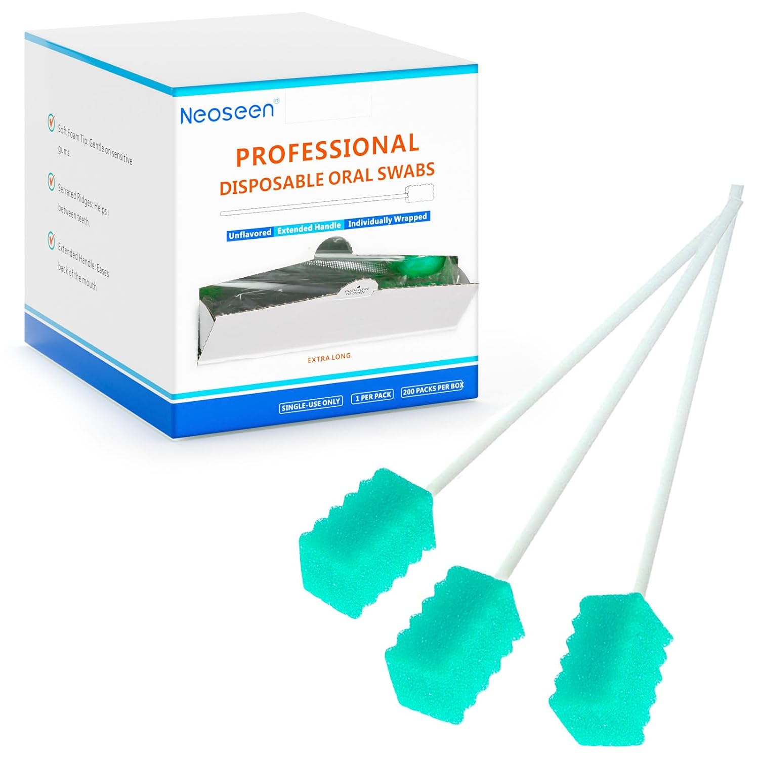Oral Swabs Disposable 200 Count – Long Handle Soft Sponge Swabs, Individually Wrapped, Latex-Free, Non-Abrasive for Daily Oral Use, Seniors & Caregivers (Blue)