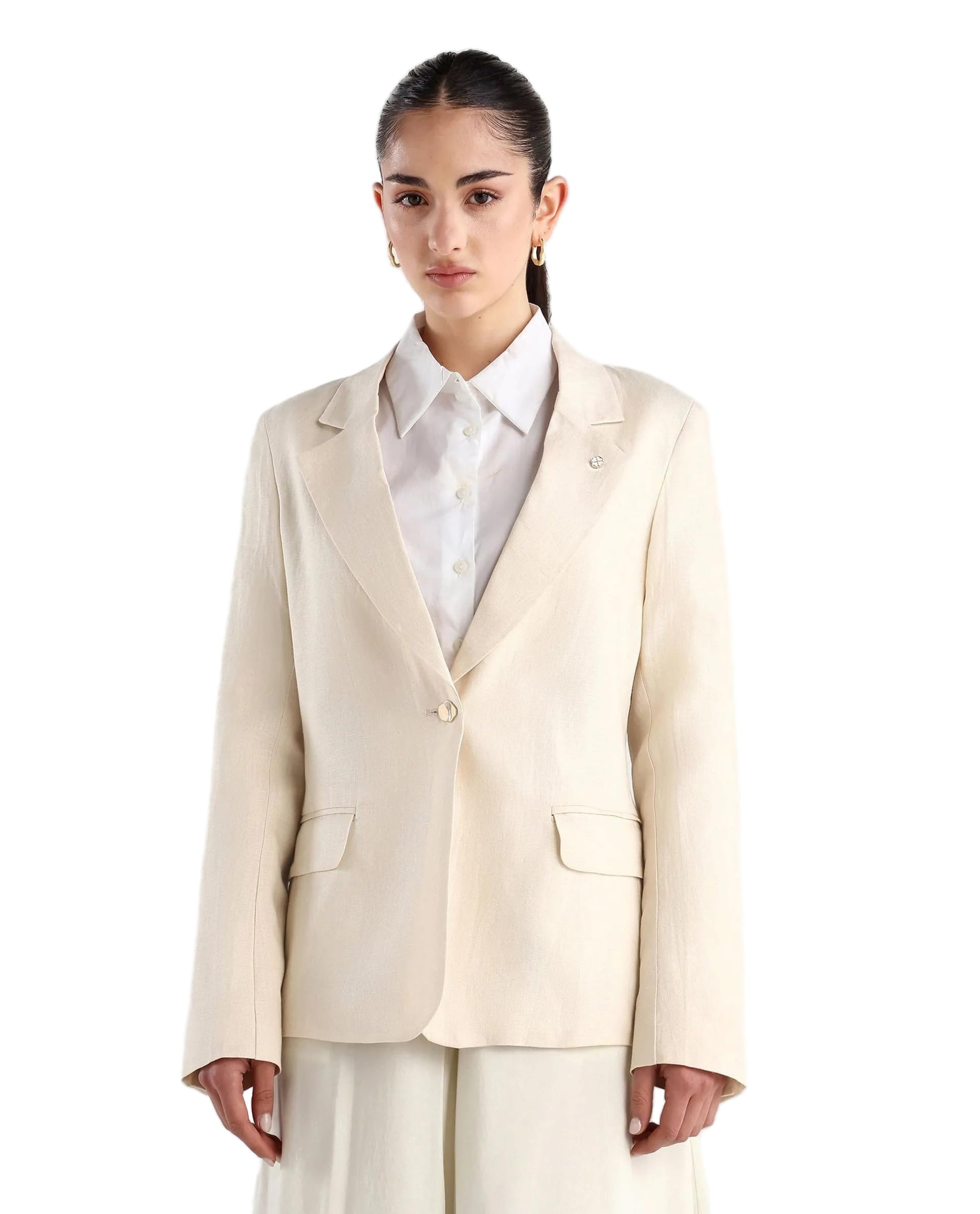rareism Women Regular Solid Beige Linen Notch Lapel Long Sleeve Blazer-picture-20