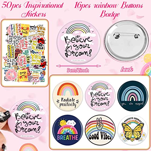 Pinkunn 68 Pcs Inspirational Gifts Bulk Inspirational Quote Key Chains Rainbow Canvas Cosmetic Bags with Zipper Motivational Stickers Button Badges Gifts for Teacher Birthday Graduation3