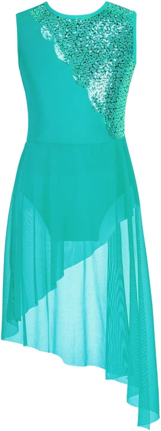 Kids Girls Sequins Lyrical Dance Dress Sheer Overlay Figure Skating Gymnastics Performance Suit