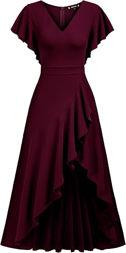 Miniatura 5 de Miusol Vestido largo formal, de fiesta, de noche, con cuello en V, apertura y volantes para mujer