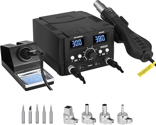 Vogvigo 8582D I 2-in-1 Hot Air Gun Rework and Soldering Iron Station with , Heating Function, Soldering Iron Station with Digital Temperature Correction and Sleep Function
