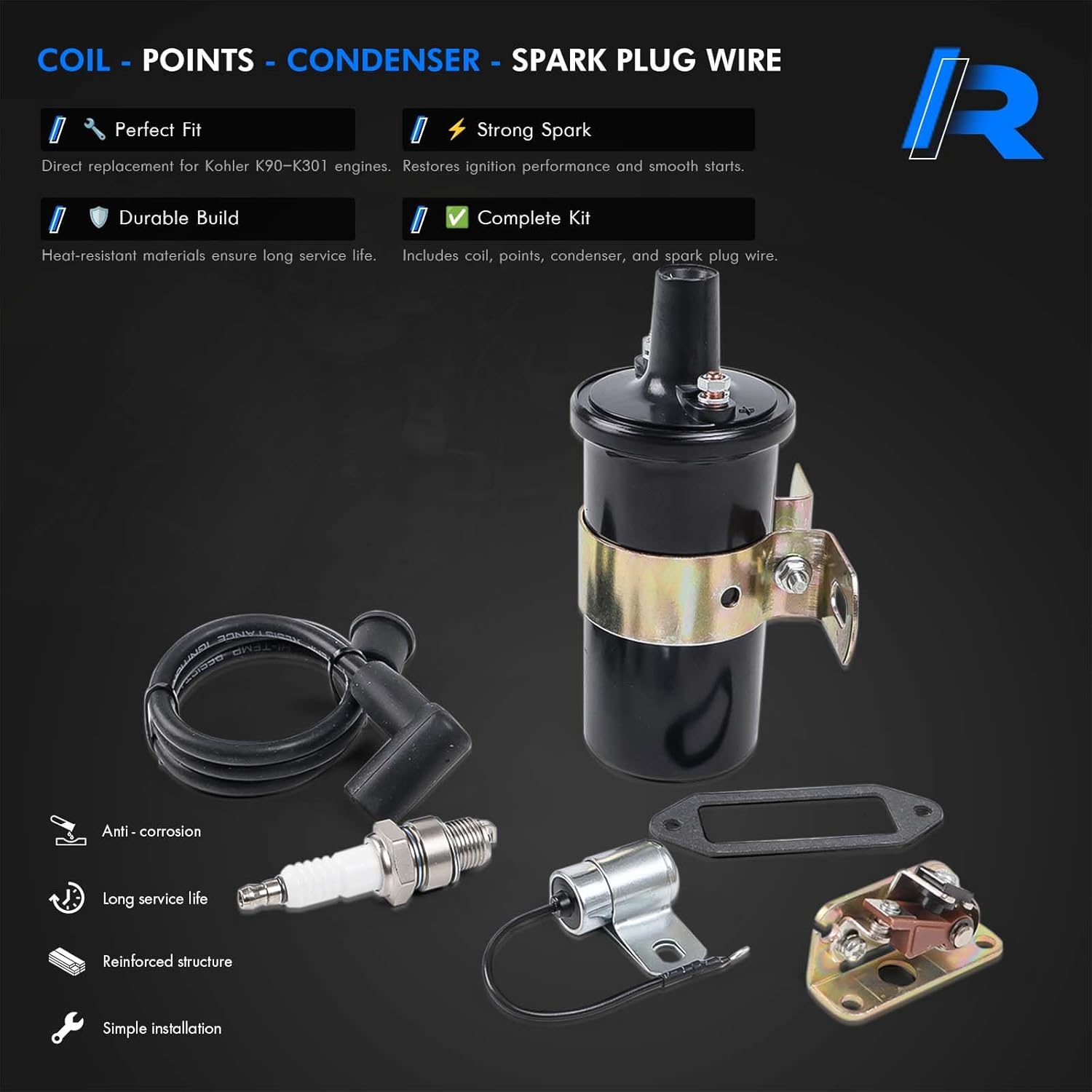 Ignition Coil, Points, Condenser, Spark Plug & Wire, Fit for Kohler K-Series Tractor Engine K90 K91 K141 K161 K181 K241 K301 K321 K341 K361 K482 K532 K582 Replace# 47 150 01-S, 230722-S