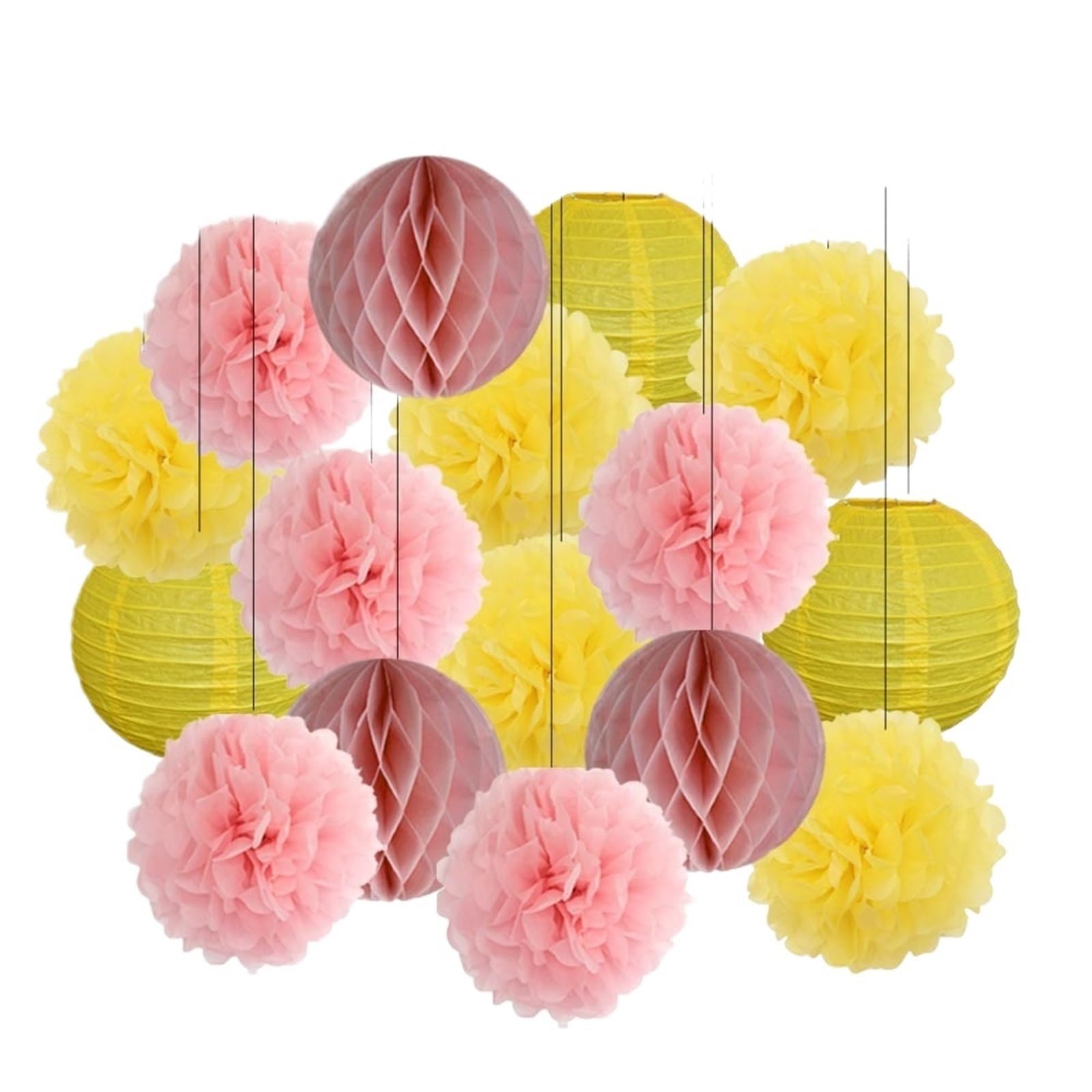 Paper Lanterns Boy Girl Birthday Party Favor Yellow Set Folding Round Paper Lantern Wedding Baptism Decor DIY Tissue Pompom(Pink Yellow,8inch(20cm))