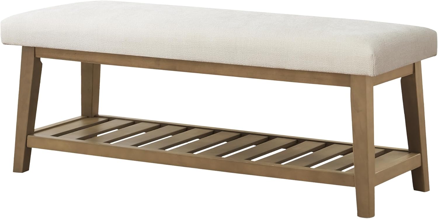Entryway Bench with Cushion, Upholstered Shoe Rack Bench with Solid Wood Shelf, 44" End of Bed Bench for Bedroom, Chenille Fabric Storage Bench for Entryway, Hallway, Living Room (Beige)