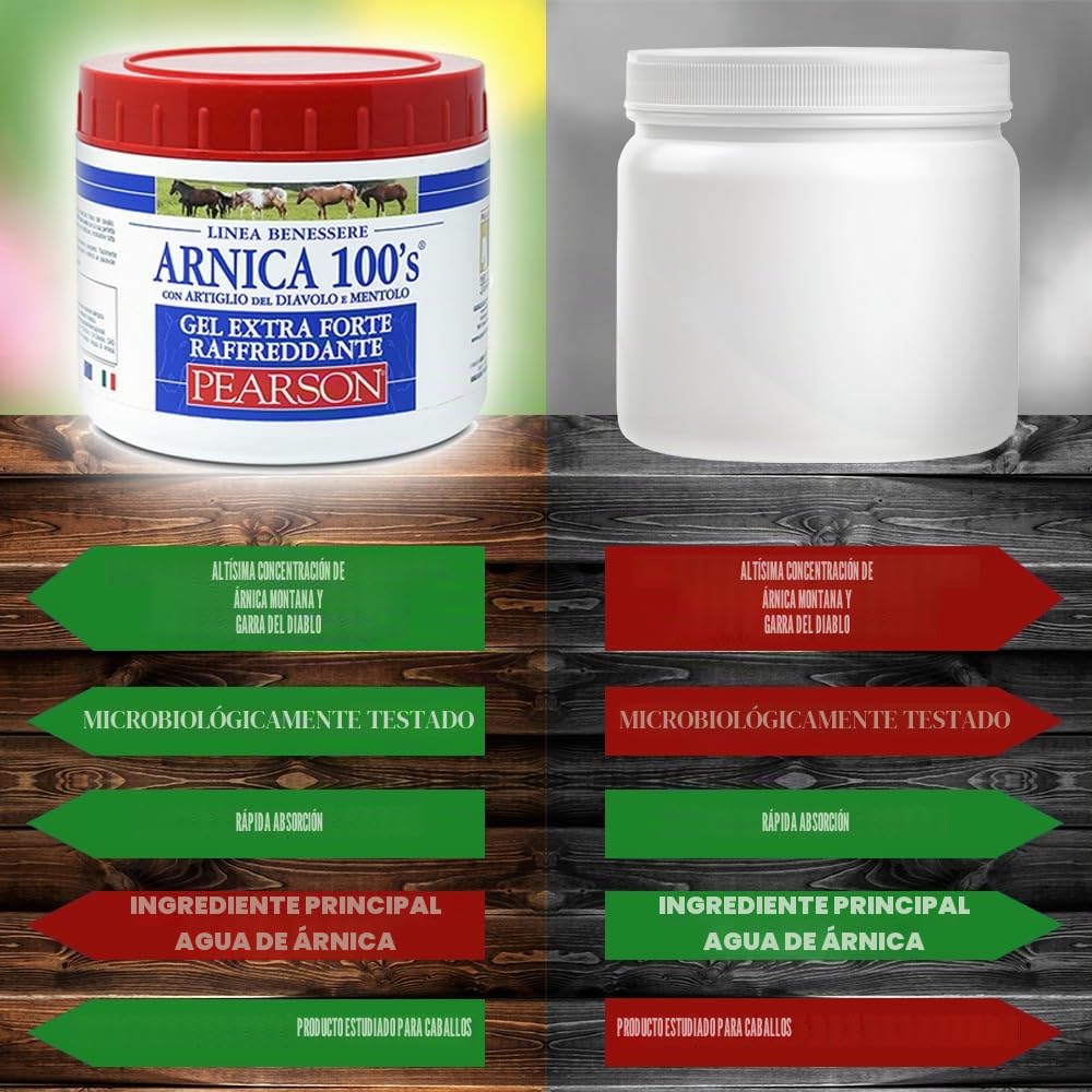 Arnica 100'S - Arnica para Caballos, Gel refrecante Extra Forte de Pearson [500ml], Arnica Gel Forte, Crema con Garra del Diablo y mentol. Pomada regeneradora y Relajante.