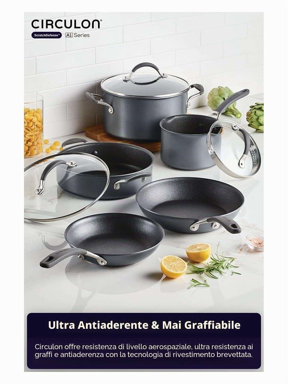Circulon Set di 5 padelle antiaderenti per piano cottura a induzione antigraffio con estrema antiaderenza, lavabili in lavastoviglie e utilizzabili in forno, finitura in peltro grafite