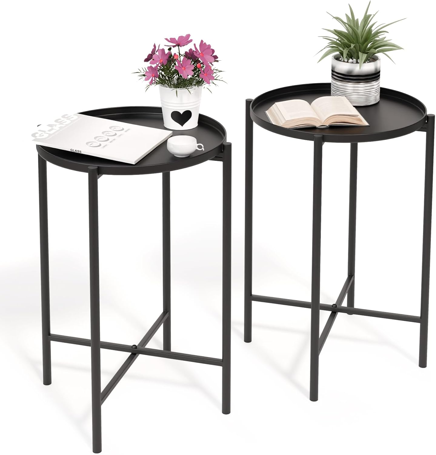 VINGLI Round Metal Side Table with Removable Tray, Outdoor Patio Coffee Table, Waterproof End Table for Small Spaces, Outdoor Patio, Living Room, Bedroom, Balcony (X-Brace & Non-Slip Pads) (1, Black)