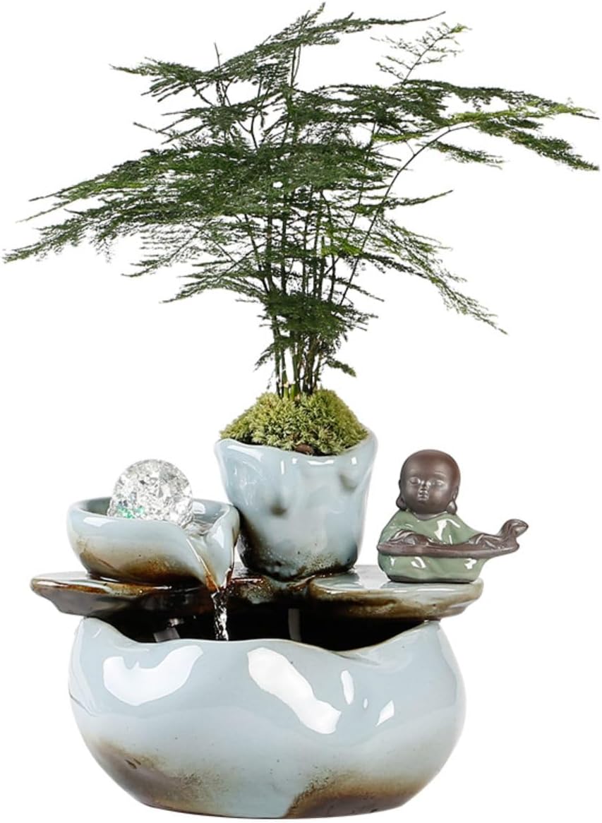 Ecqizer - Good Fortune Ceramic Tabletop Fountain/Water Flowing Ornament/Water Flowing Wealth Landscape Circulating Water Fish Tank Fountain Desktop Ceramic Tabletop Fountain