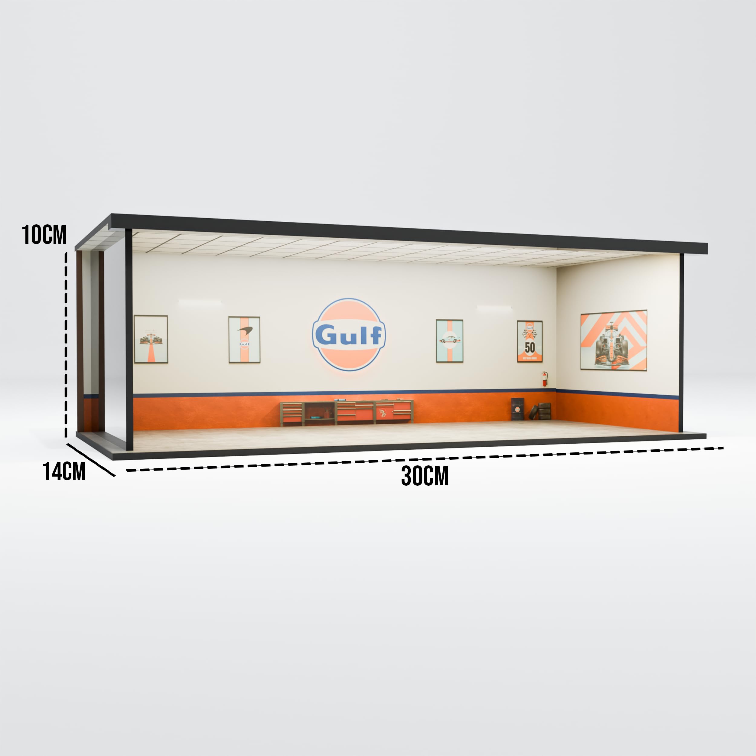 Garage64 Gulf Workshop 1:64 Acrylic Display Garage Diorama with LED (30x14x10 cm) – Classic Race Garage for Diecast Cars, Hot Wheels, MiniGT - Image 7 thumbnail