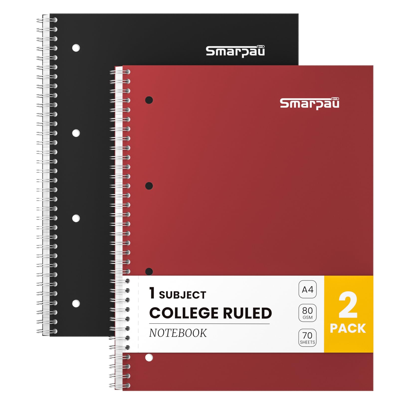 Smarpau A4 Wirebound Notebook, 8 mm Lined Journal Notebook with 4-Hole Punch Margins and Perforated Edges, 140 Pages Premium Paper, Pack of 2 Notepads - Black+Red — image 1