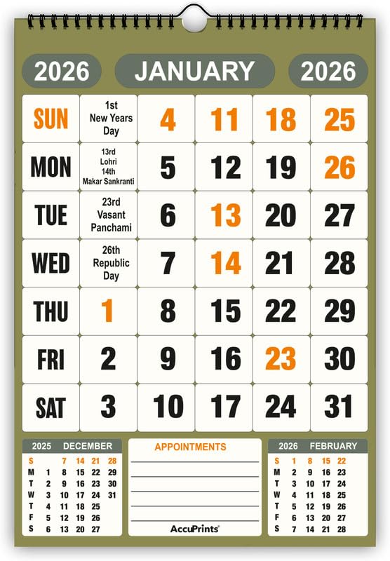 AccuPrints® Wall Calendar 2026 Planner-Size (14 x 20) inch For Office Home Table New Year Hanging Kids (35.5 x 50) cm- (14 x 20 Green)