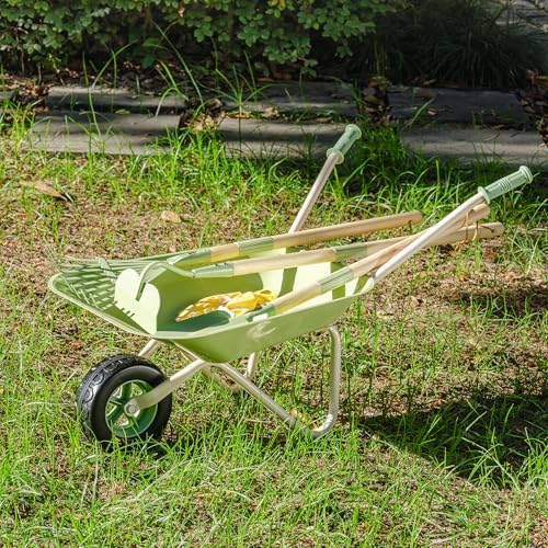 ROBUD Kinder-Schubkarren-Garten-Set mit Laubbesen, Schaufel, Hacke und Handschuhen, 6-teiliges Gartenspielzeug für Kleinkinder ab 3 Jahren, Outdoor-Gartengeräte für Jungen und Mädchen, Gartengeschenke