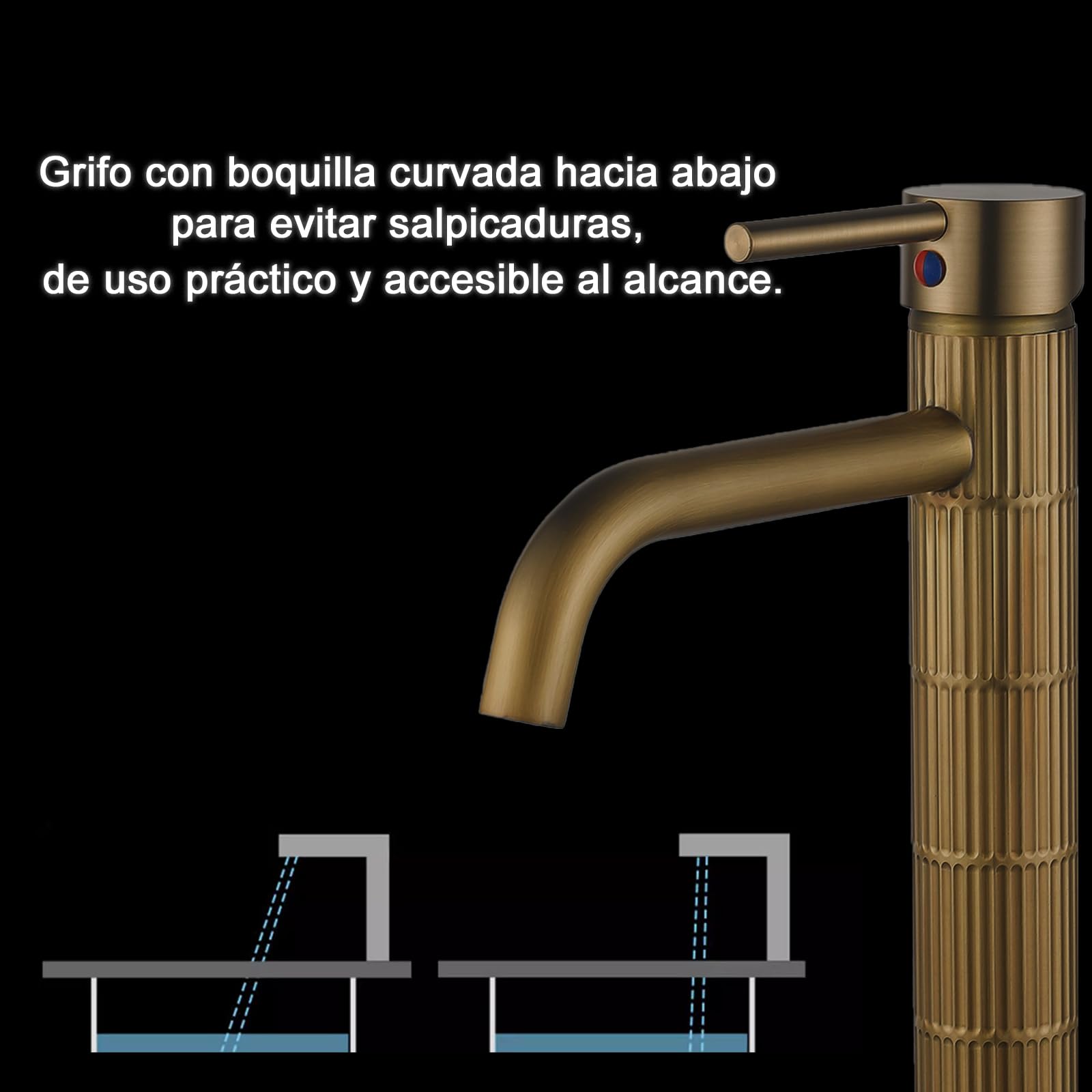 Grifo de lavabo alto monomando con cuerpo de latón, mezclador para lavabo sobre encimera, acabado vintage cepillado, cartucho cerámico (Bronce cepillado, Alto) — view 5