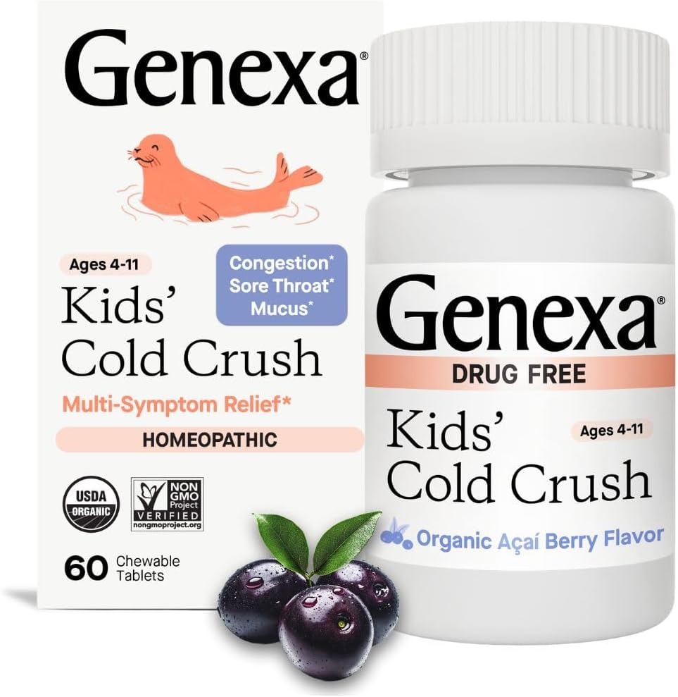 Genexa Kids Cold Crush | Multi-Symptom Cough & Cold, Sore Throat, Congestion Relief for Children | Acai Berry Flavor | Organic & Non-GMO | Homeopathic Remedy Made Clean | 60 Chewable Tablets Age 4-11​