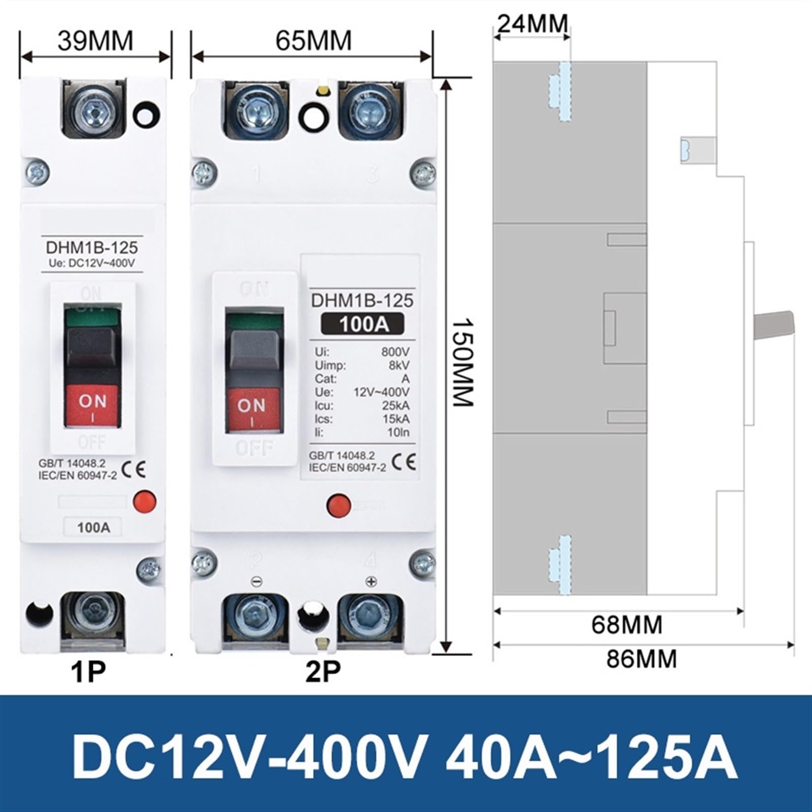 Disjoncteur à boîtier moulé, DC 12V 24V 48V 72V MCCB 250A, Batterie 100A 200A 300A 400A 600A, Protecteur de Pile de Charge de Voiture(2P,350A)
