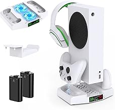 Cooling Stand for Xbox Series S with 2X 1400mAh Rechargeable Batteries, MENEEA Dual Charger Station for Xbox S Controller with Headset Holder & Adjustable Cooling Fan, for Xbox Series S Accessories
