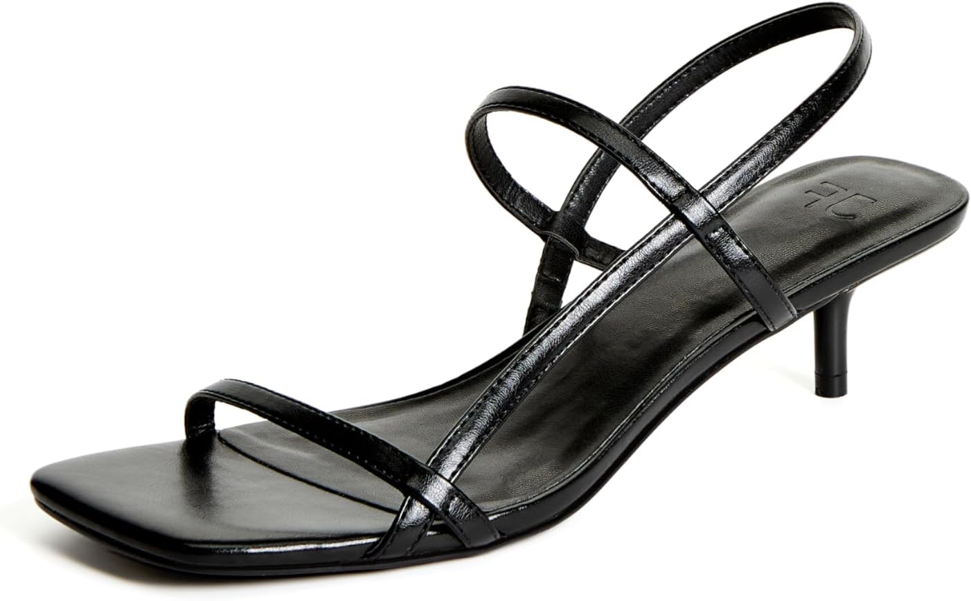 JustFab Kitten Heels for Womens Square Open Toe Slip on Heels Strappy Sandals Comfort Dress Party Shoes - NICOLE(10, Black)