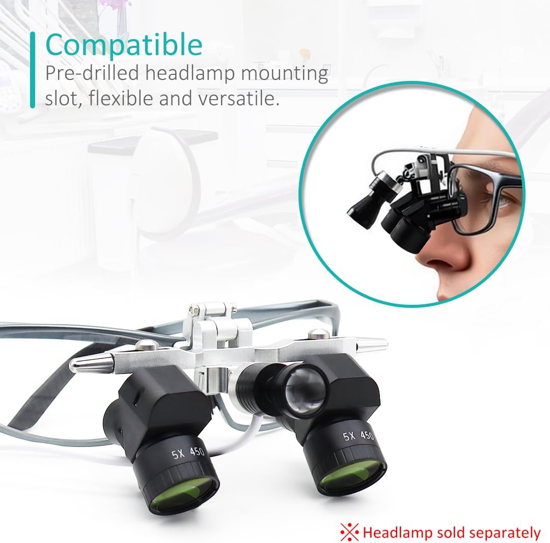 Dental Loupes 4-6X Adjustable Zoom 48° Angled Optics, 50-75mm IPD, Compatible LED Headlight for Dentists（ 5X Zoom Magnification）