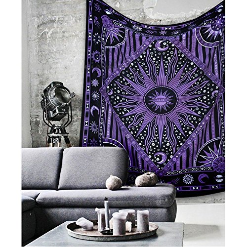 Sophia Art Tapisserie double en forme de soleil brûlant, tenture murale indienne hippie, couvre-lit bohème, tapisserie astrologie Décoration murale (violet) Cover