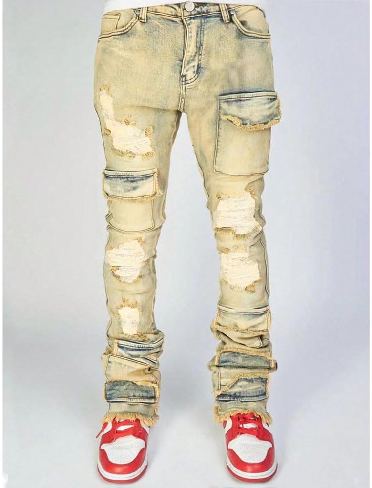 Mens Skinny Straight Leg Stacked Jeans Ripped Distressed Cargo Denim Pants - Image 4