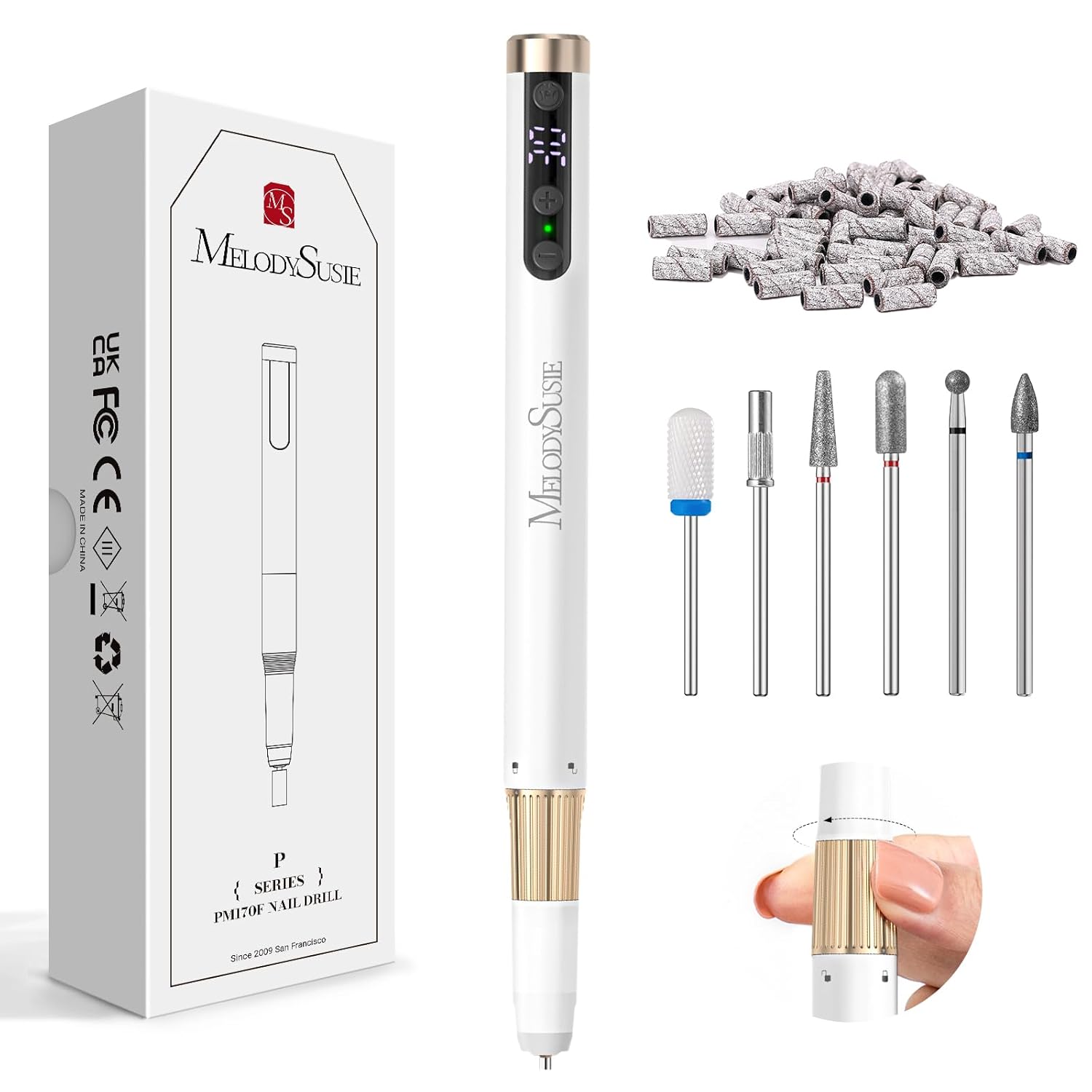 MelodySusie Portable Electric Nail Drill, PM180G Cordless Electric File 30,000 RPM, Rechargeable Nail Efile Tool for Women, Professional Manicure Pedicure Nail EFile with Bits Sanding Bands, White