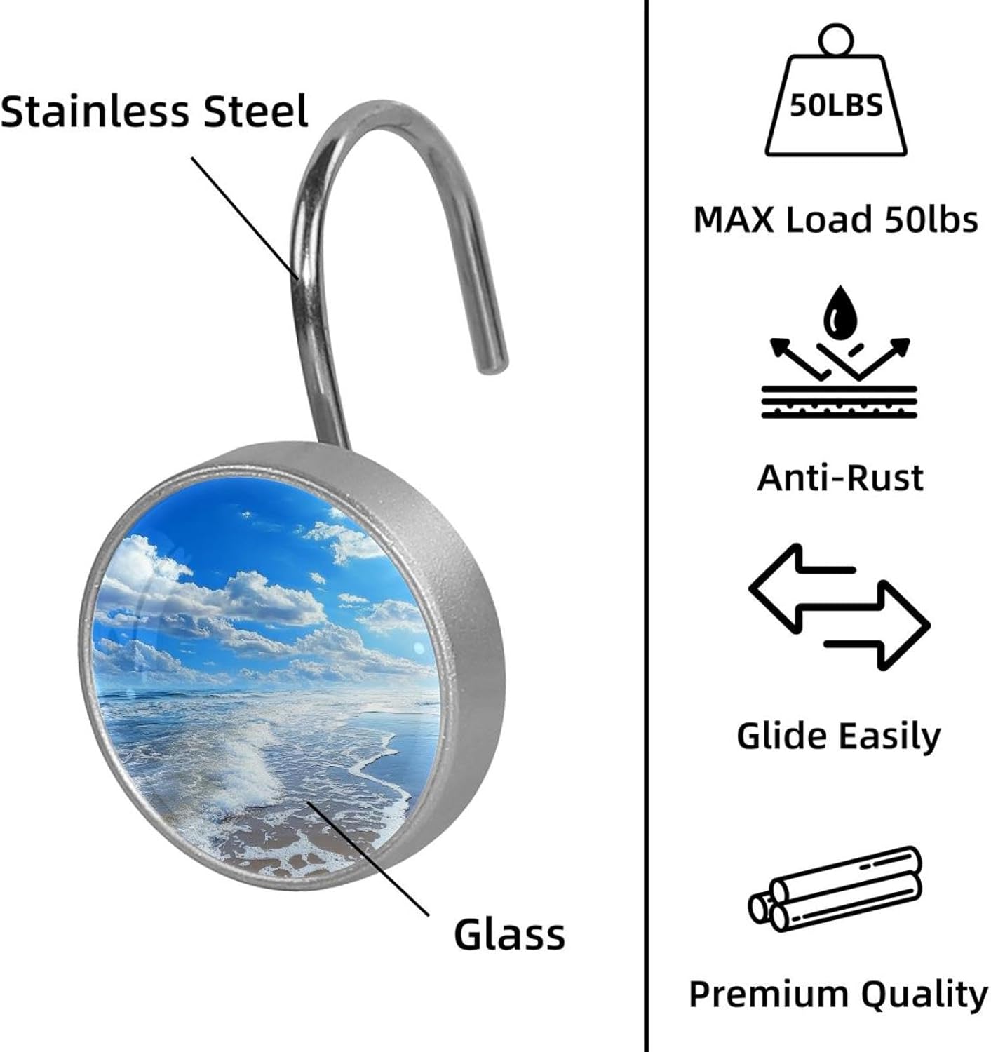 12 Pcs Round Shower Curtain Hooks Stainless Steel Decorative Hanger Rings for Bathroom Kitchen Bedroom Curtain Rods, Blue Sky Sand (2)