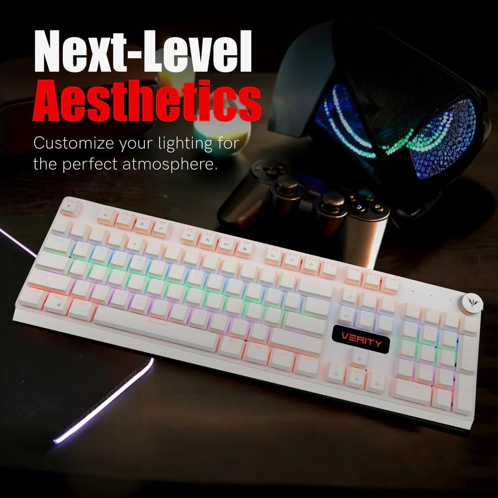 Image of VERITY Onyx RGB Mechanical Keyboard | 104-Key Full Size Gaming Keyboard with Quiet Durable Keys, Custom RGB Lighting, Type-C Wired, Sleek Design for PC, Office & Daily Use (White)