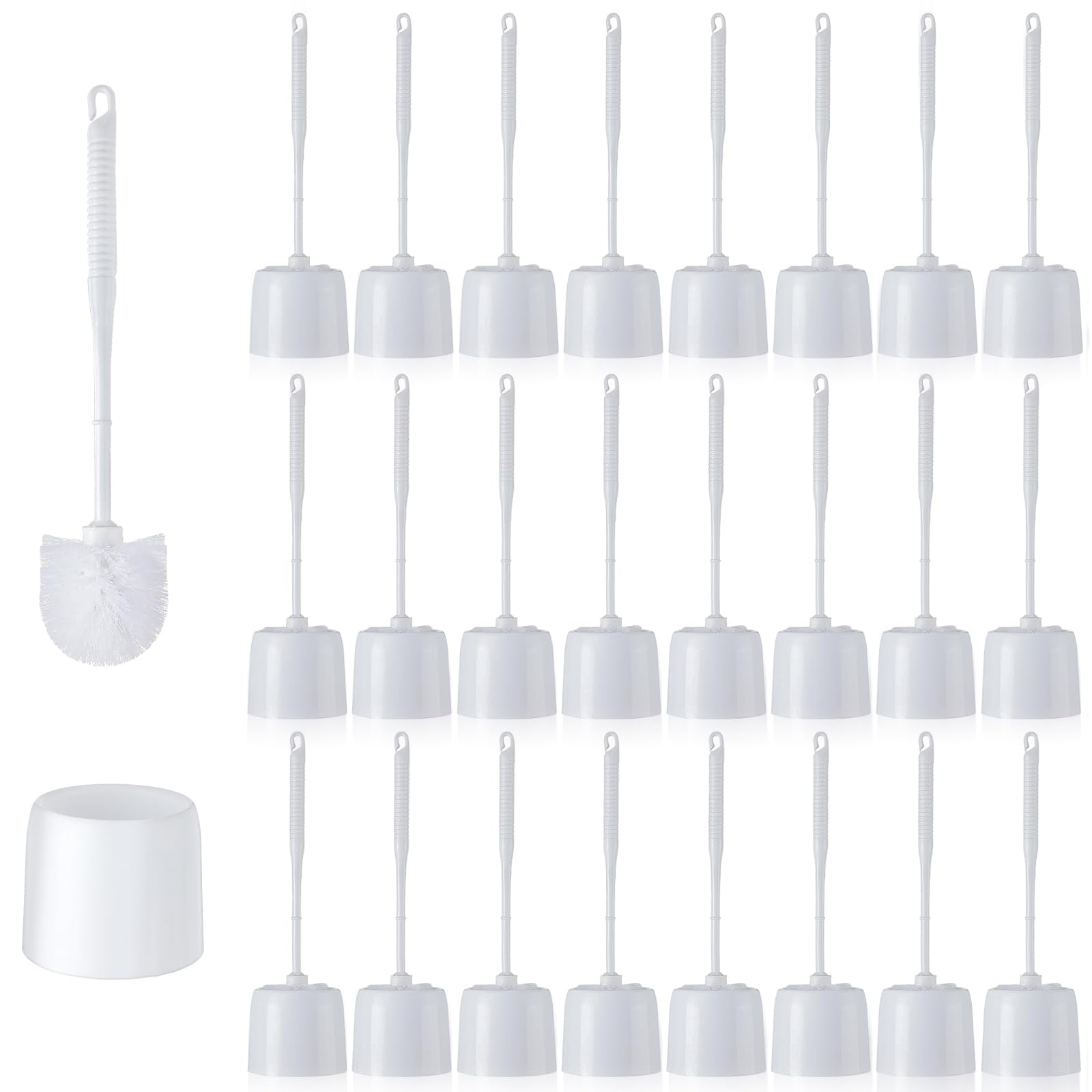 Roshtia Juego de 24 cepillos de inodoro y soporte, cepillo limpiador de inodoro para baño, cepillo de inodoro con organizador para limpieza profunda, 14.57 pulgadas de altura (blanco)