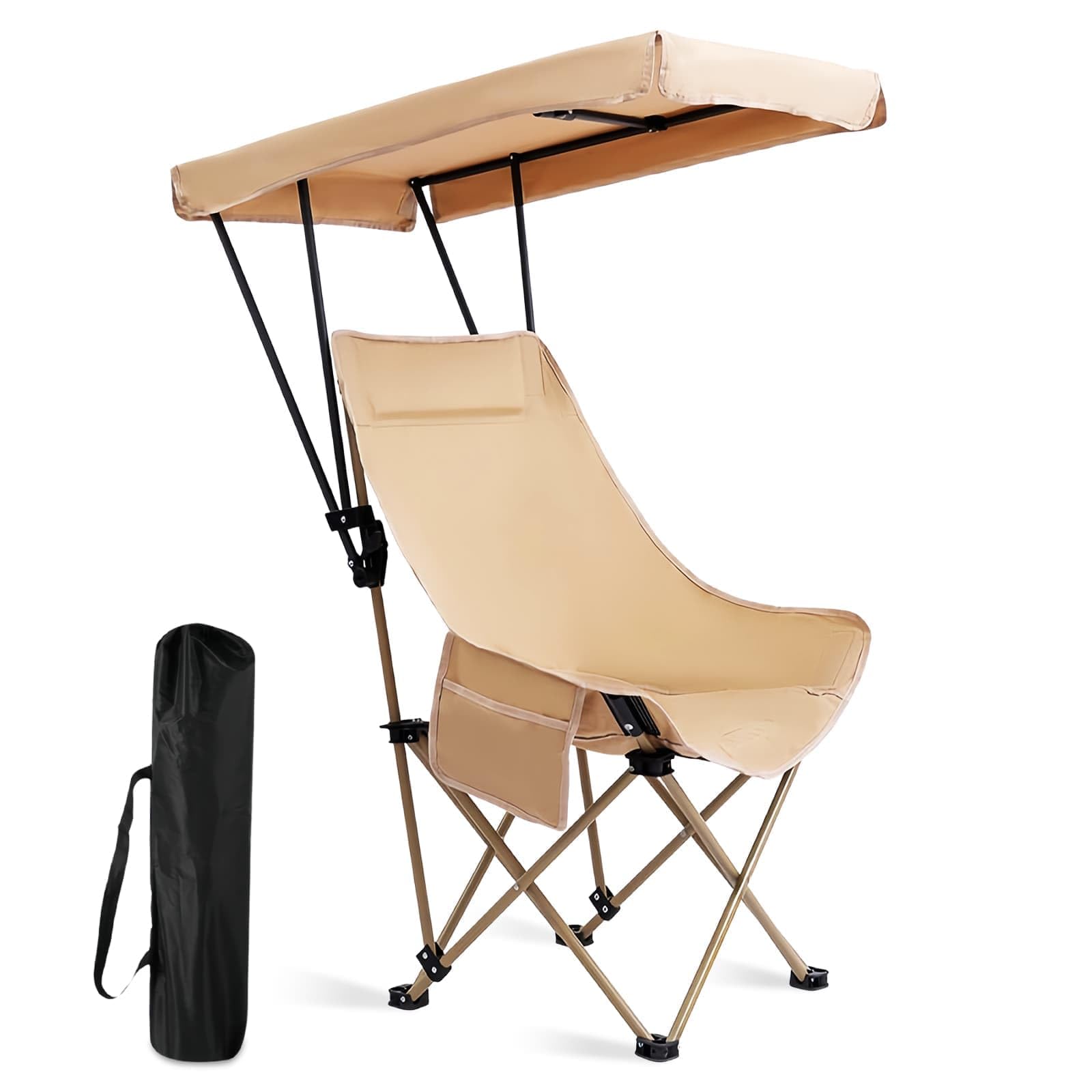 Folding Camping Chair with Sunshade and Rain Shelter, Heavy-Duty Folding Chair Oversized, with High Backrest, Headrest and Side Pockets for Comfortable Camping Folding Chair, Suitable for Beach, Lawn,
