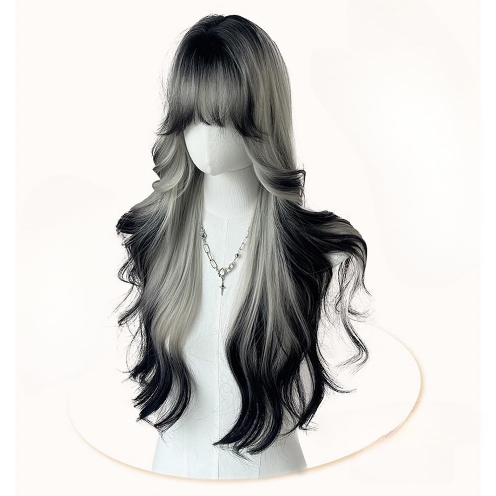 Black White Ombre Long Wavy Wig for Women Lolita Synthetic Curly Hair Wig with Bangs Natural Looking Heat Resistant Wigs for Daily Use