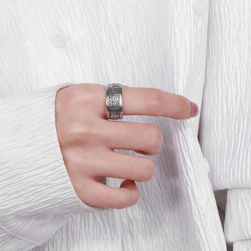 925 Sterling Silber Muster geprägtes Sechs-Charakter-Mantra-Ring Exquisit Buddhist Wide Version Ring, tibetischer Amulett-Ring Unisex