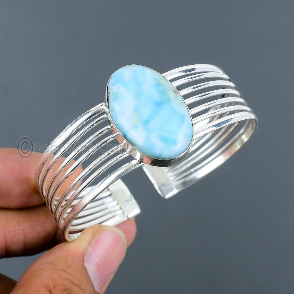 Larimar Cuff Bracelet, 925 Silver Bracelet, Handmade Silver Bangle, Statement Silver Bracelet, Adjustable Cuff Bracelet, Larimar Gemstone Bracelets, Bohemian Jewelry Cuff Bracelets, Gift For Her