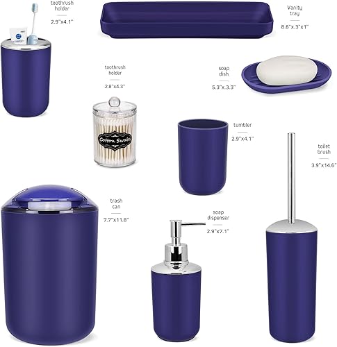 Miniatura 3 de IMAVO Juego de accesorios de baño, 8 piezas de accesorios de baño azules con basura, dispensador de jabón, jabonera, soporte para cepillos de