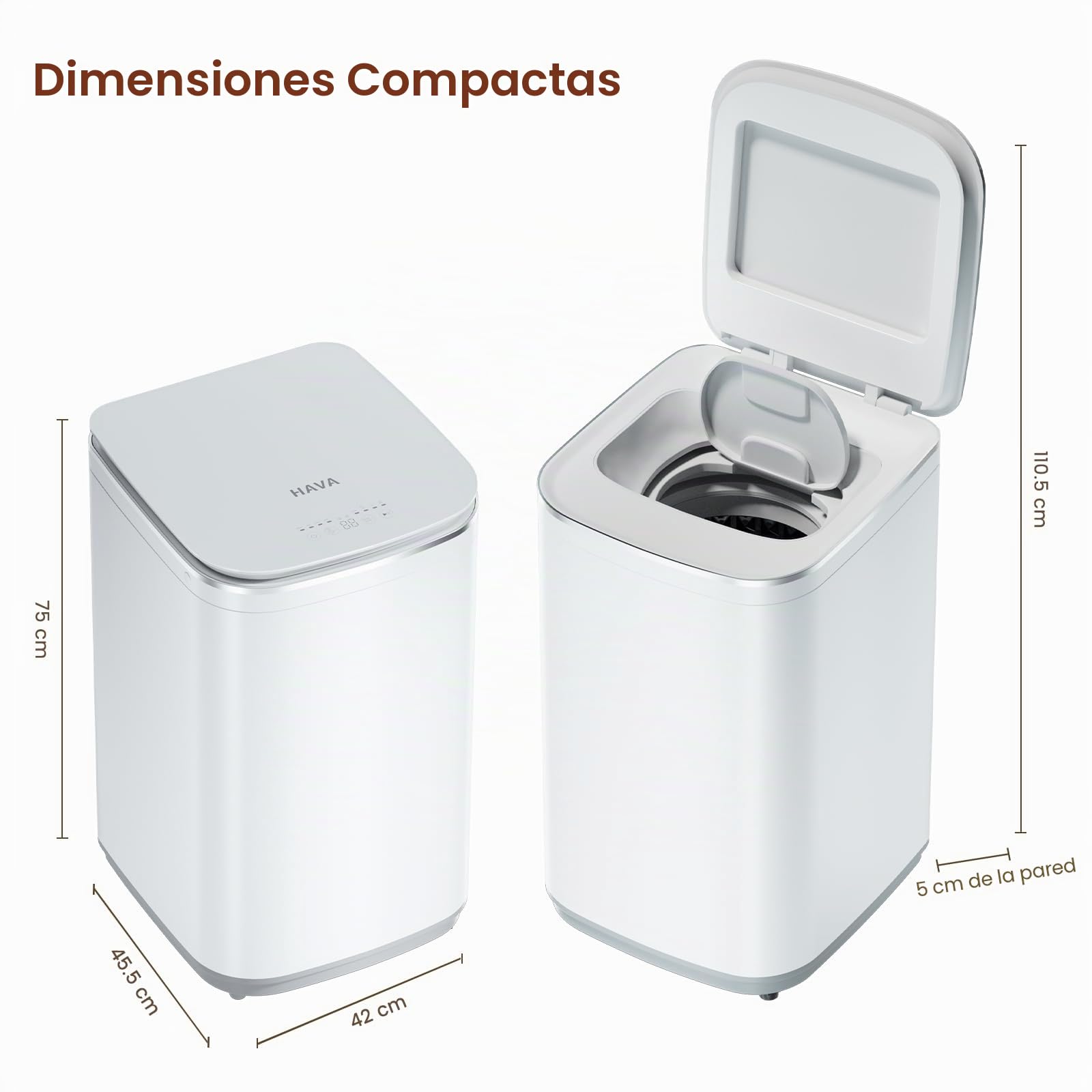 HAVA Mini lavadora, 3 kg de capacidad, pequeña lavadora y centrifugador, totalmente automática con 8 programas, función de lavado en caliente y bomba de drenaje, ahorra espacio para apartamentos